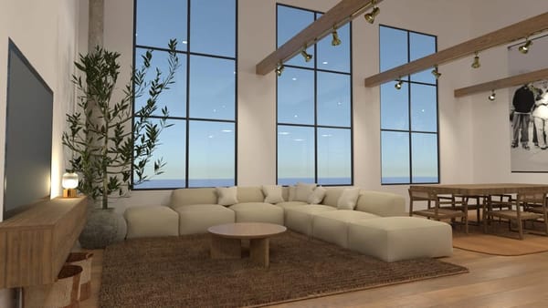 living room with large windows designed with Planner 5D