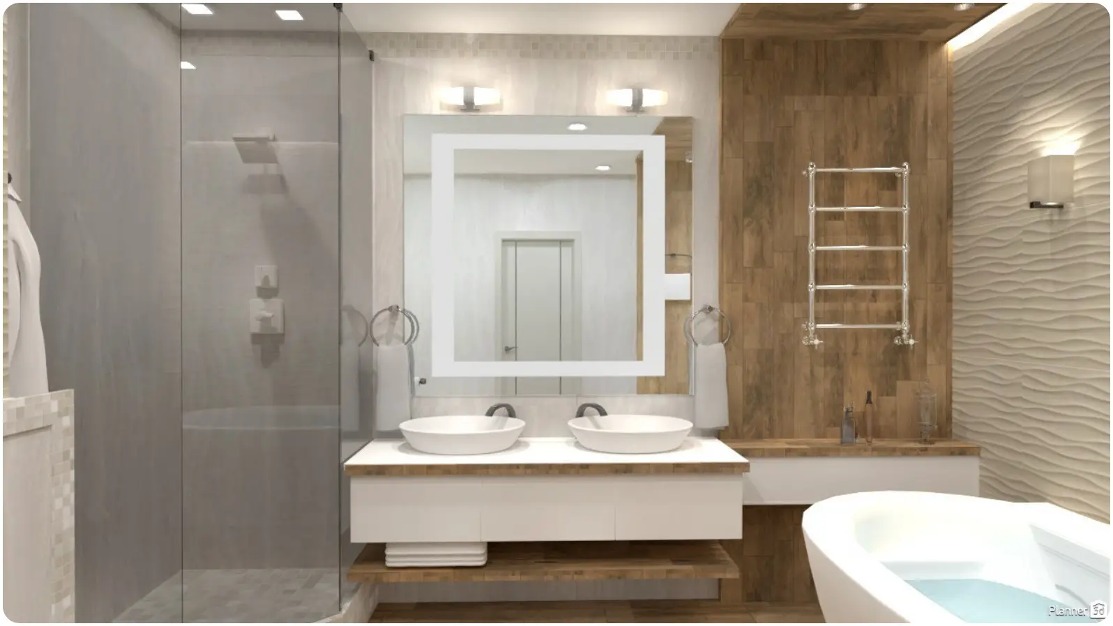 Elegante diseño de baño con dos lavabos y bañera con paneles de madera en las paredes