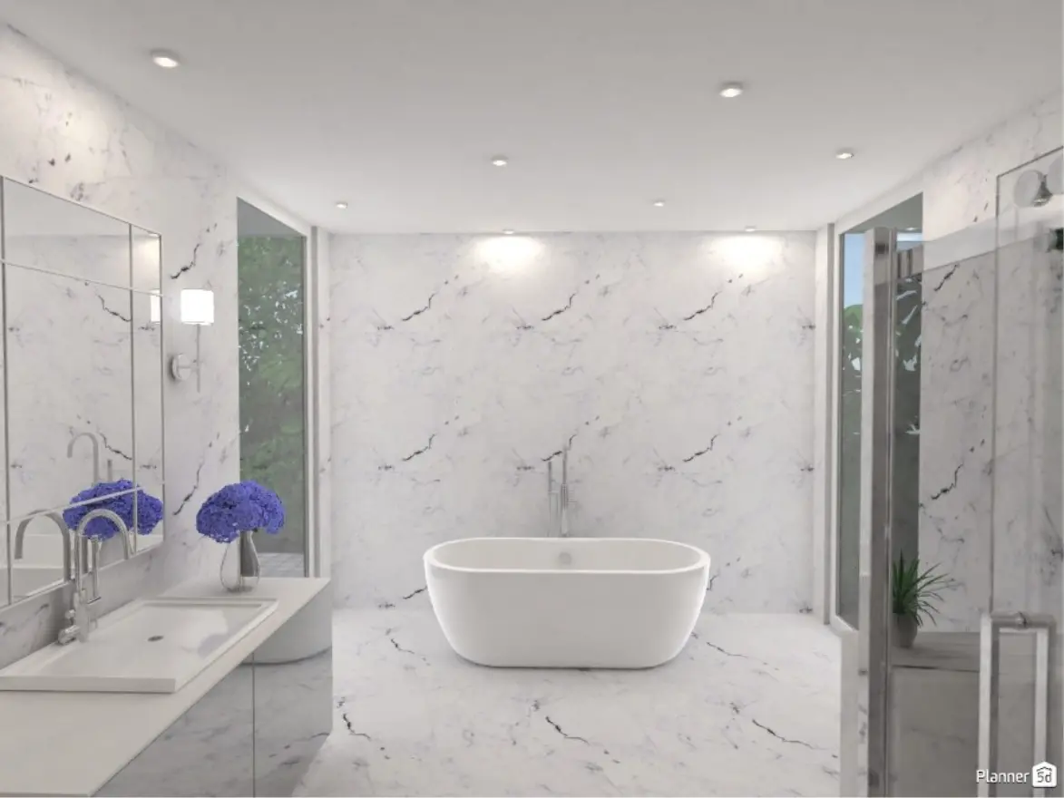Hermoso diseño de baño de mármol blanco con bañera y flores