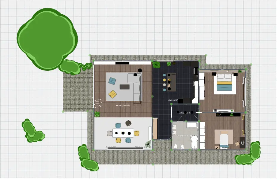 Plano 2D de casa con jardín, dos dormitorios, un baño, salón y cocina