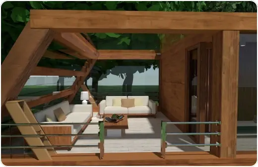 Diseño de patio con vigas de madera y muebles elegantes blancos