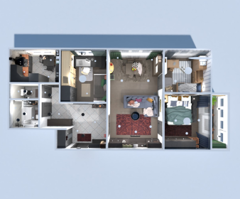 Cozy Dark Three Bedroom Apartment Plan with Open Living
