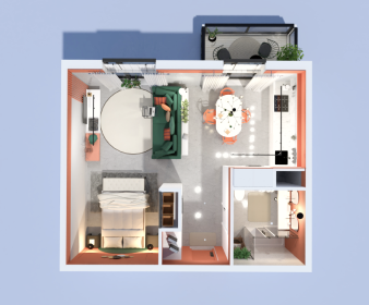Open Concept Mid-Century Studio Apartment Plan