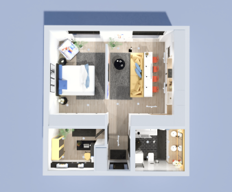 Modern Studio apartment with Bold Yellow and Blue Accents