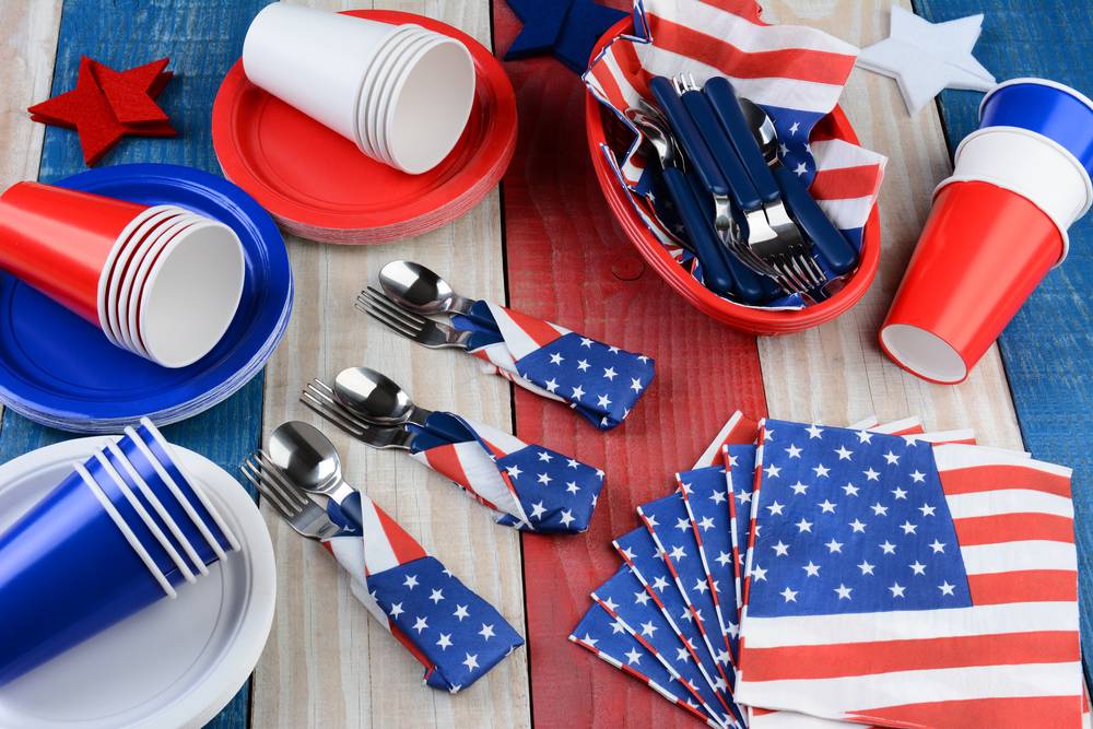 Plates, cups, napkins, and other items in patriotic red, white and blue.