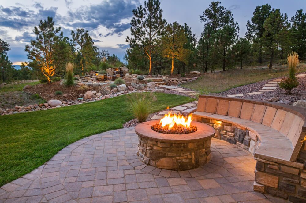an outdoor fire pit with seating area