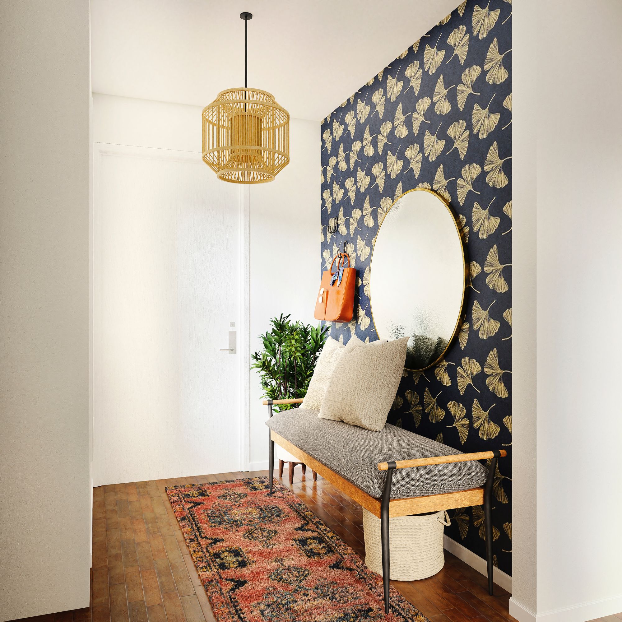 hall de entrada maximalista con espejo, alfombra y papel de pared estampado