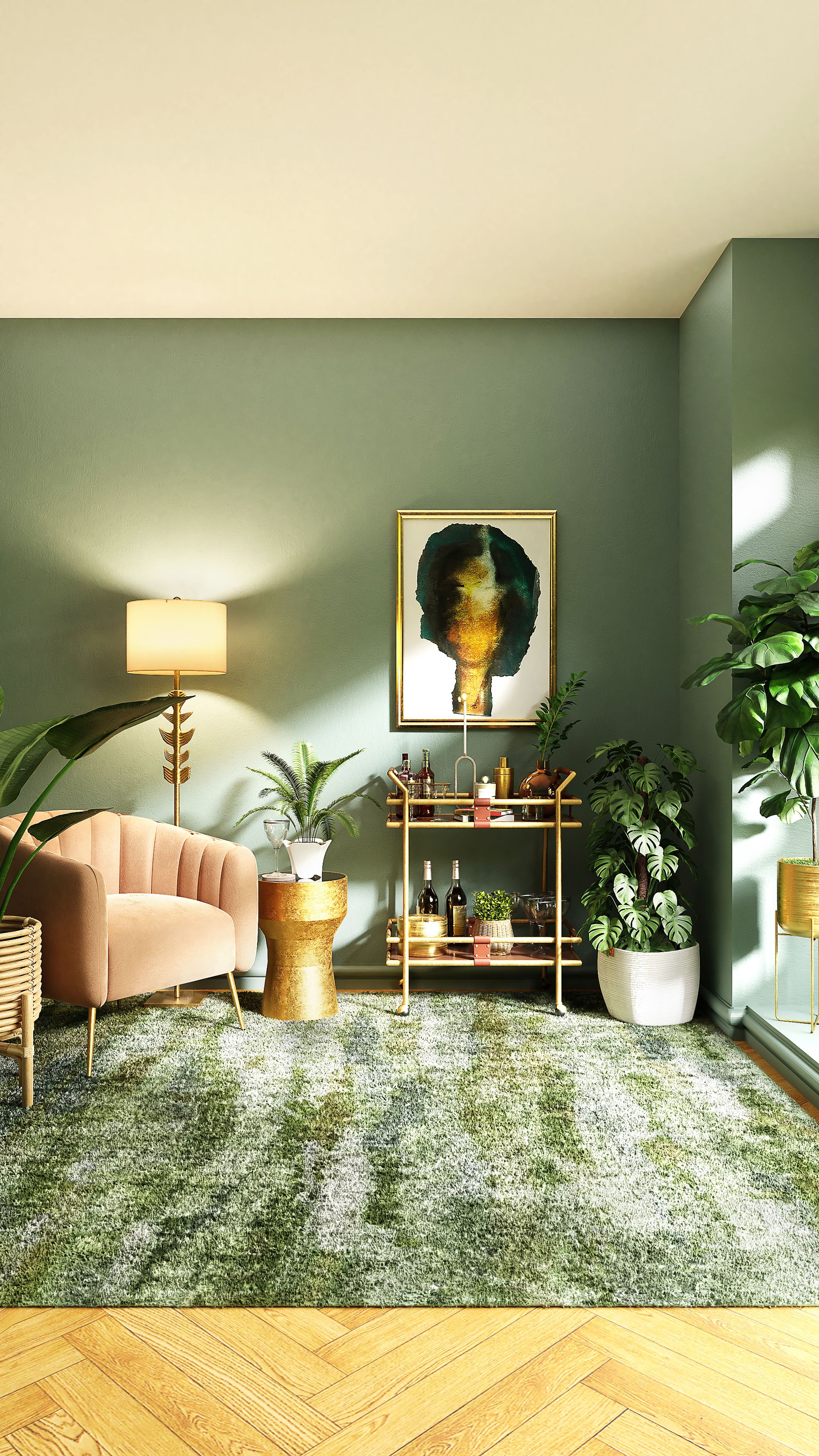 sala de estar maximalista, verde, rosa y dorada