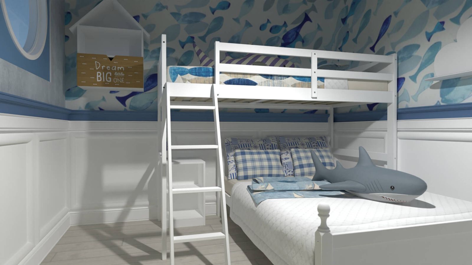 chambre d'enfant inspirée du bord de mer avec lits superposés et papier peint de poissons