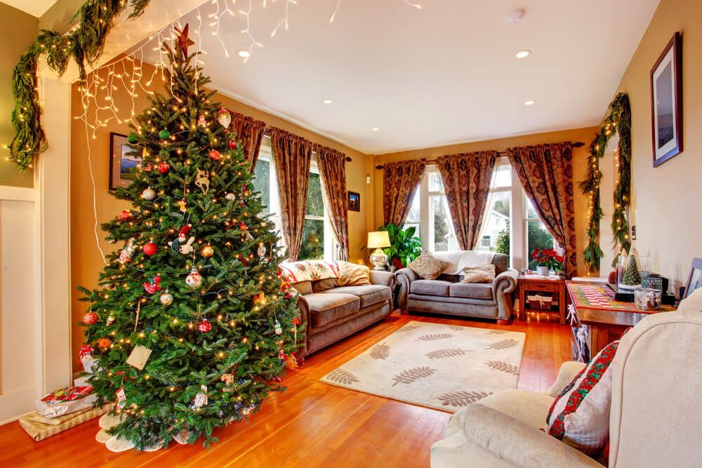 room with a real christmas tree