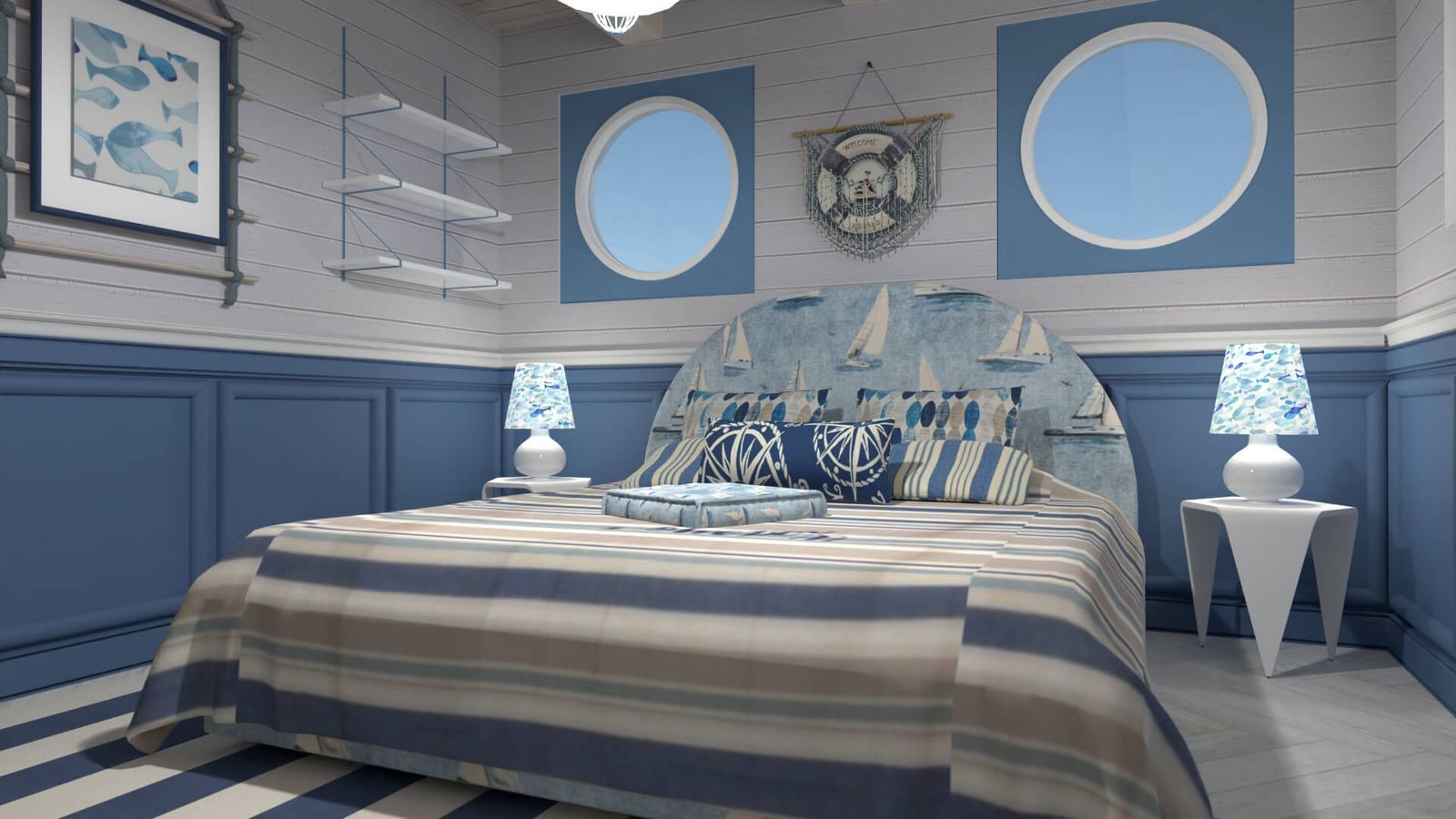 chambre à coucher d'inspiration bord de la mer avec lit double, literie à rayures bleues et motifs marins