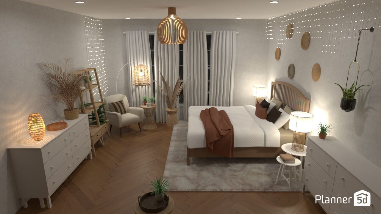 Interiores de diseño estilo bohemio, render 3d creado en planner 5d