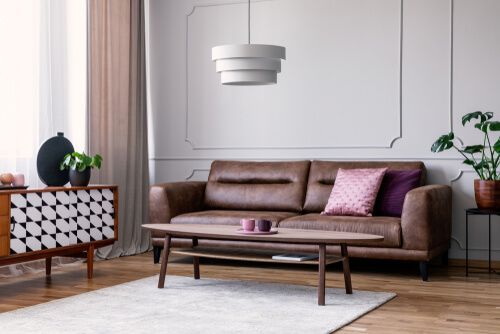 salon dominé par le brun et le gris avec canapé en cuir brun, tapis, table basse et plantes