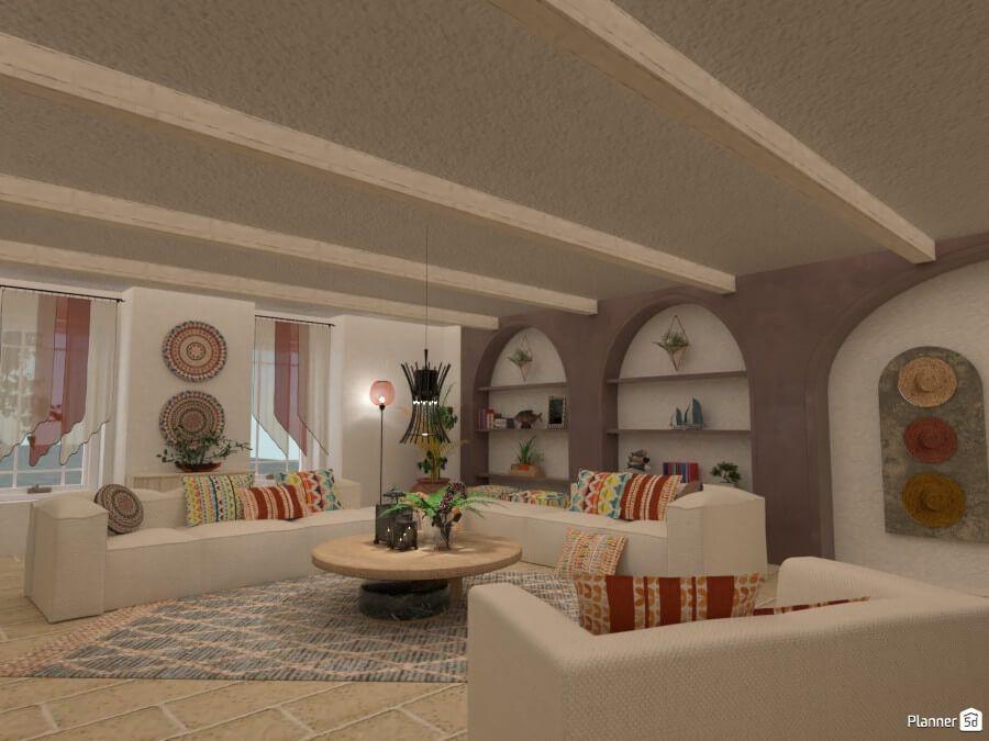 Interiores de diseño estilo bohemio, render 3d creado en planner 5d