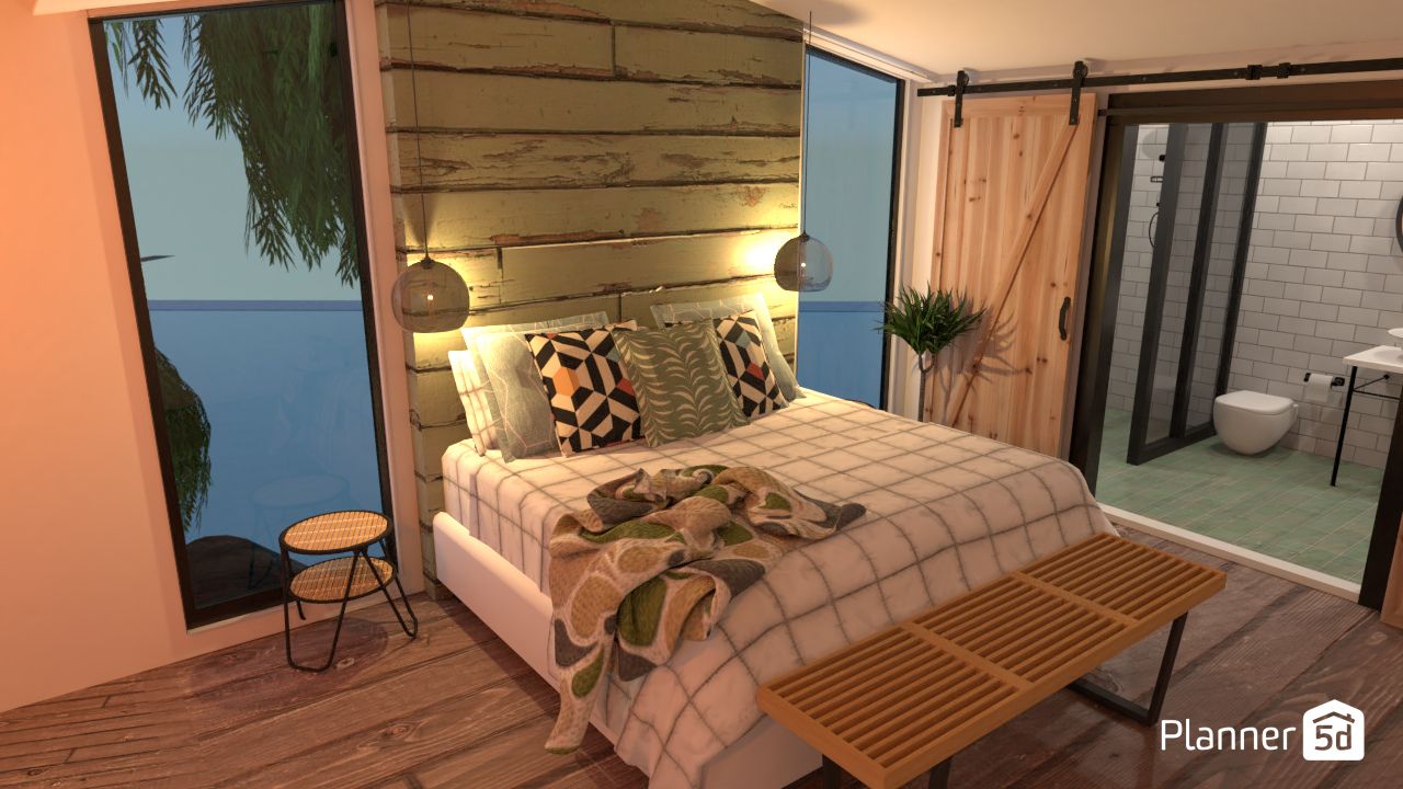 dormitorio wabisabi de madera diseñado con software de diseño de interiores, planner 5D