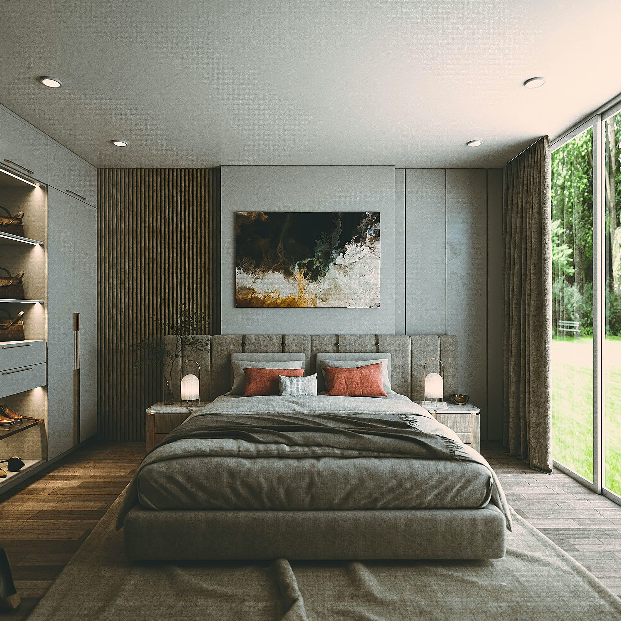 dormitorio moderno gris con cama grande y armario de lujo