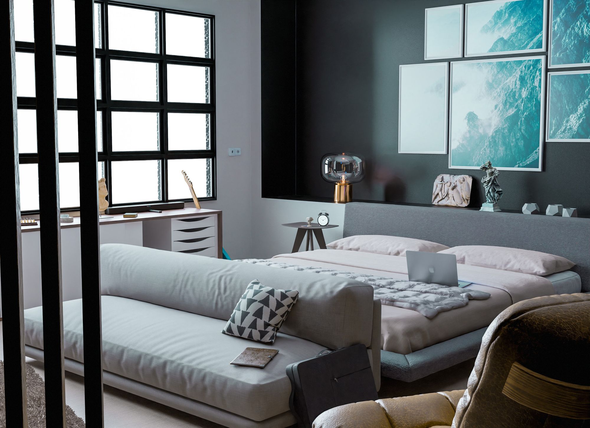 diseño de dormitorio juvenil moderno grande con sofá gris y cama doble