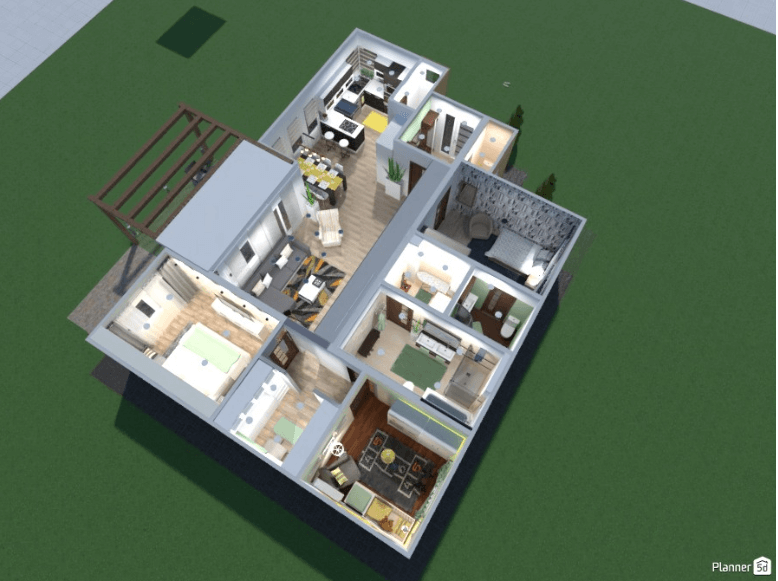 Planta de casa 3d com 3 quartos e cozinha americana 