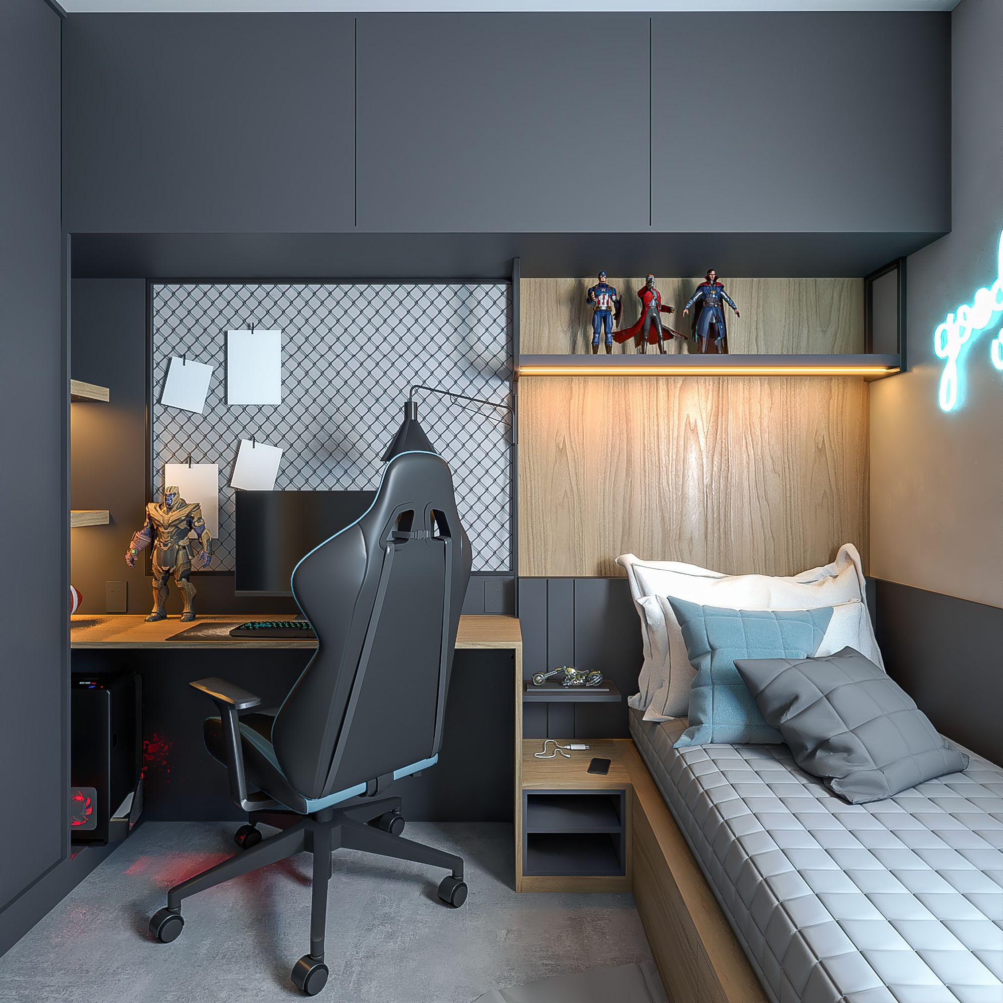dormitorio juvenil pequeño para gamer, con silla de juego, figuras de acción y cama pequeña