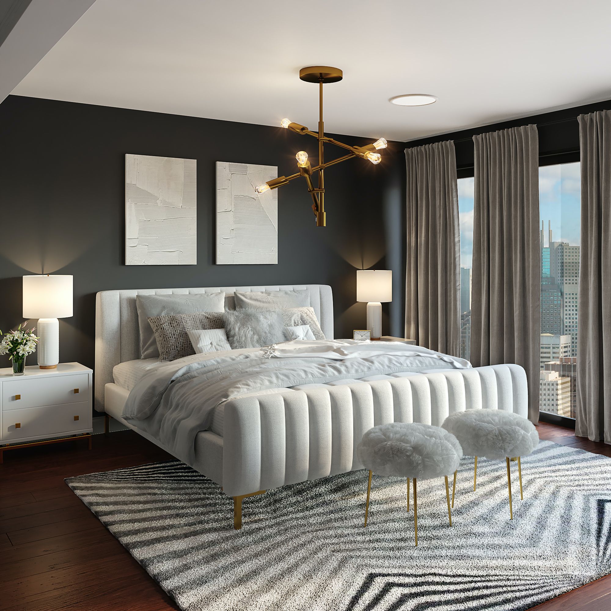 elegante diseño de dormitorio en blanco y negro con decoración dorada