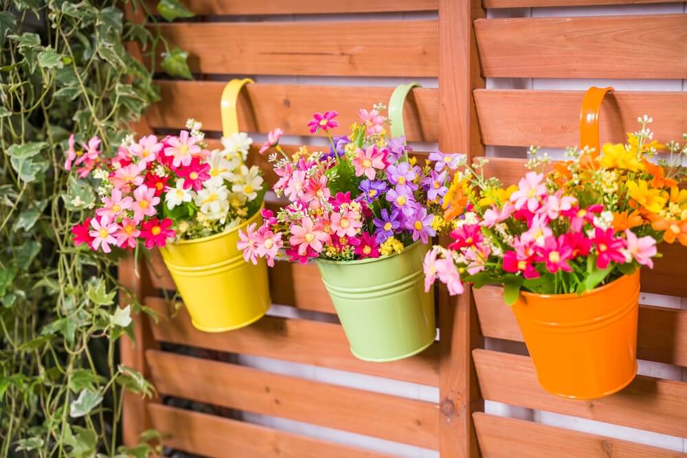 Hanging Flower Pots on a wooden fence