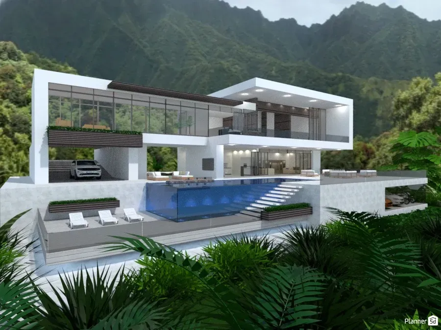 Esquisse 3D d'une maison moderne d'architecte avec plan de conception Stock  Photo
