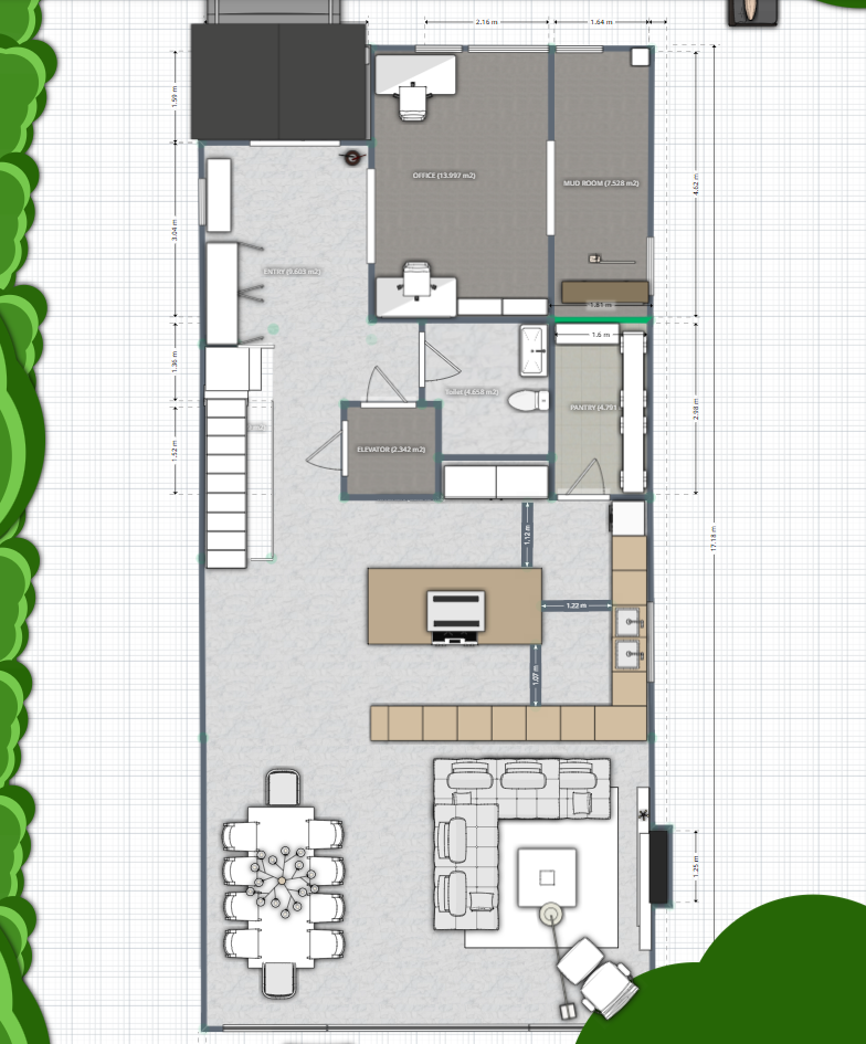 plano de primera planta con salón-comedor, cocina, baño y estudio