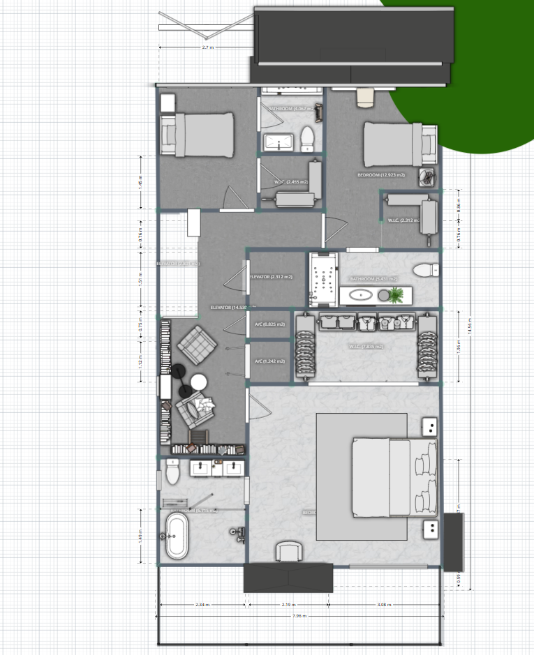 segunda planta de casa de dos pisos, plano de dormitorios con baños y vestidores