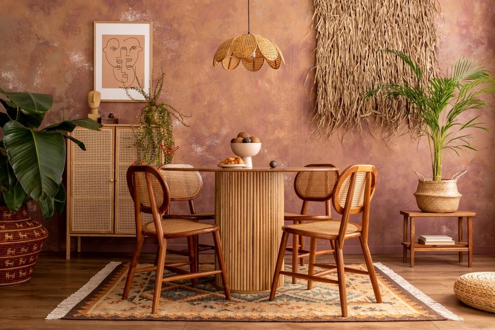 salle à manger brune avec 4 chaises et une lampe en osier