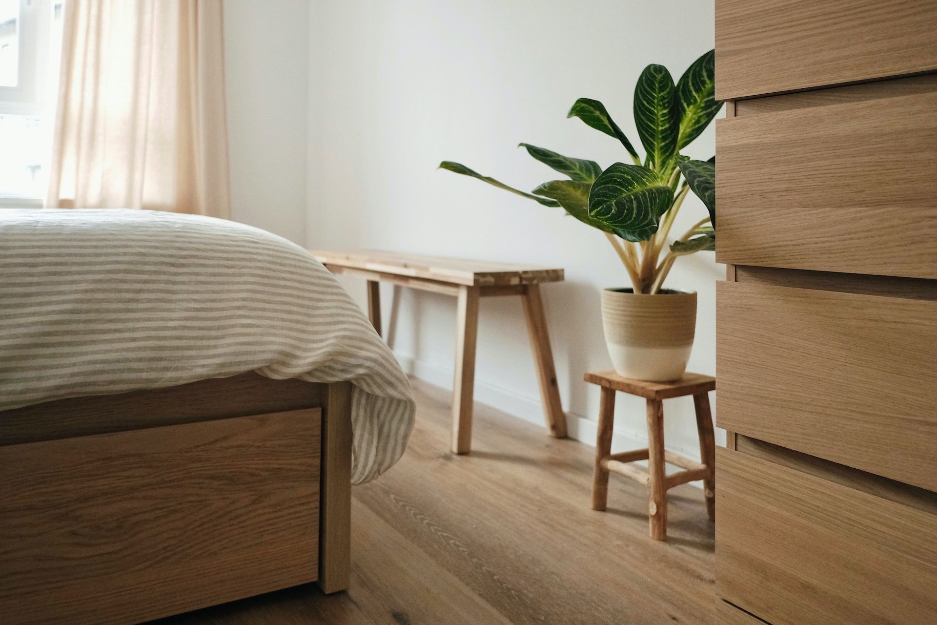 skandinavische Schlafzimmerecke mit einer Bank und einer Pflanze