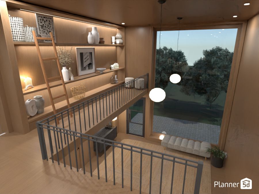 plano 3d de casa moderna de madera con ventanales, render de planner 5d