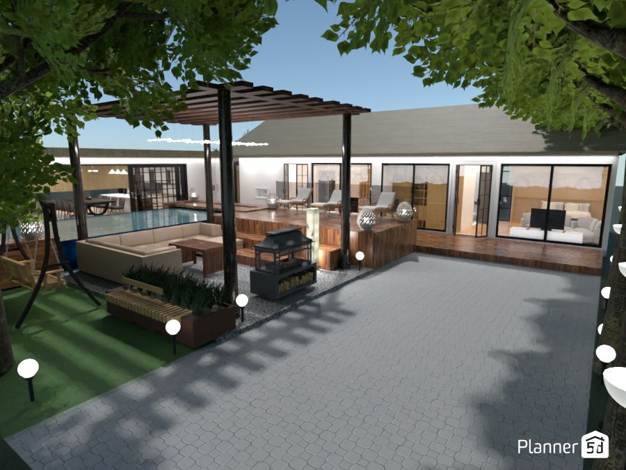 render 3d de casa moderna con jardín con patio en planner 5d