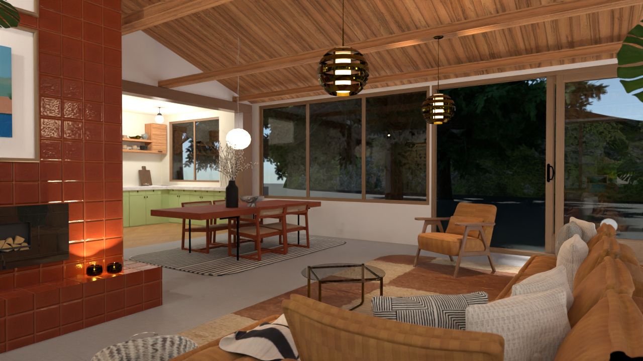 diseño de interior bohemio de sala de estar con techos de madera, chimenea roja, cocina verde