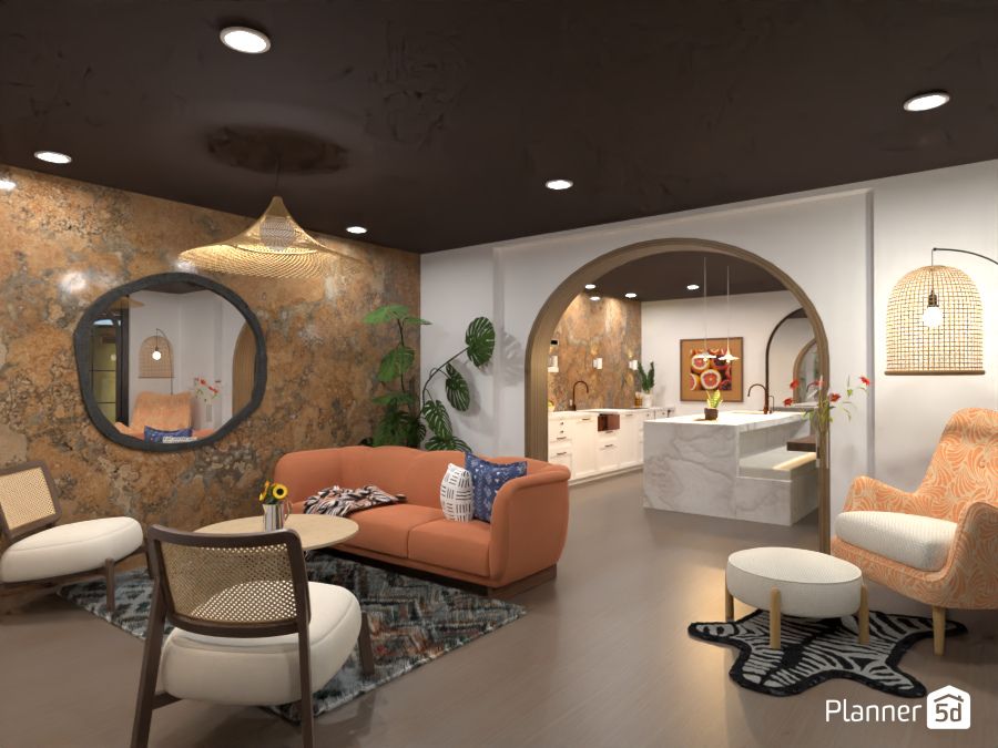 render 3d de sala de estar ecléctica con sofá naranja, planner 5d