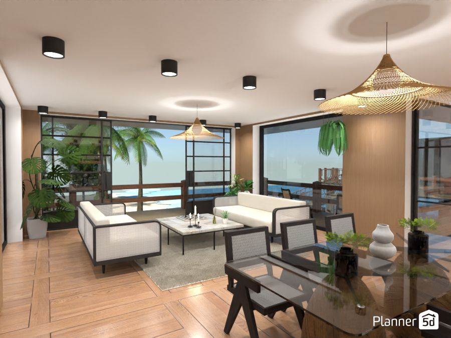 render 3d de salón-comedor con paredes de madera en la playa, planner 5d