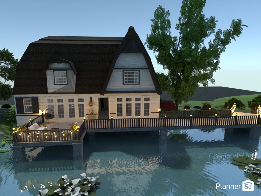 render 3d de casa con patio sobre el río