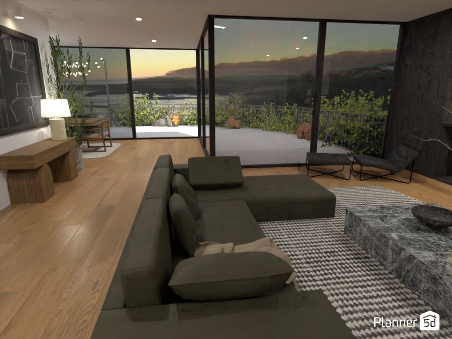 render 3d de casa con patio y jardín