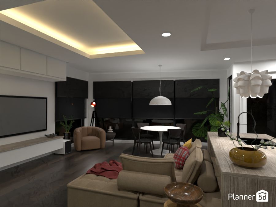 salón-cocina-comedor moderno, render 3d con planner 5d