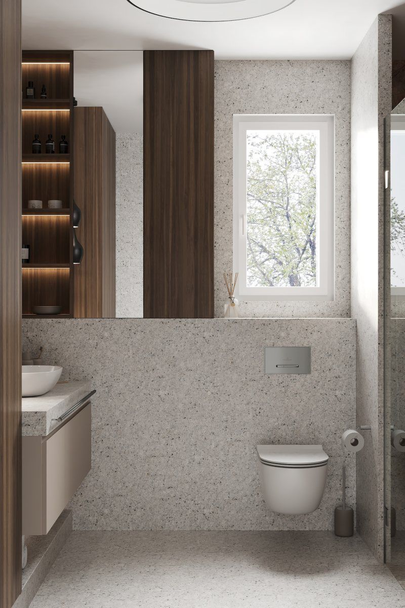 bagno moderno con pavimento grigio e ripiani in legno