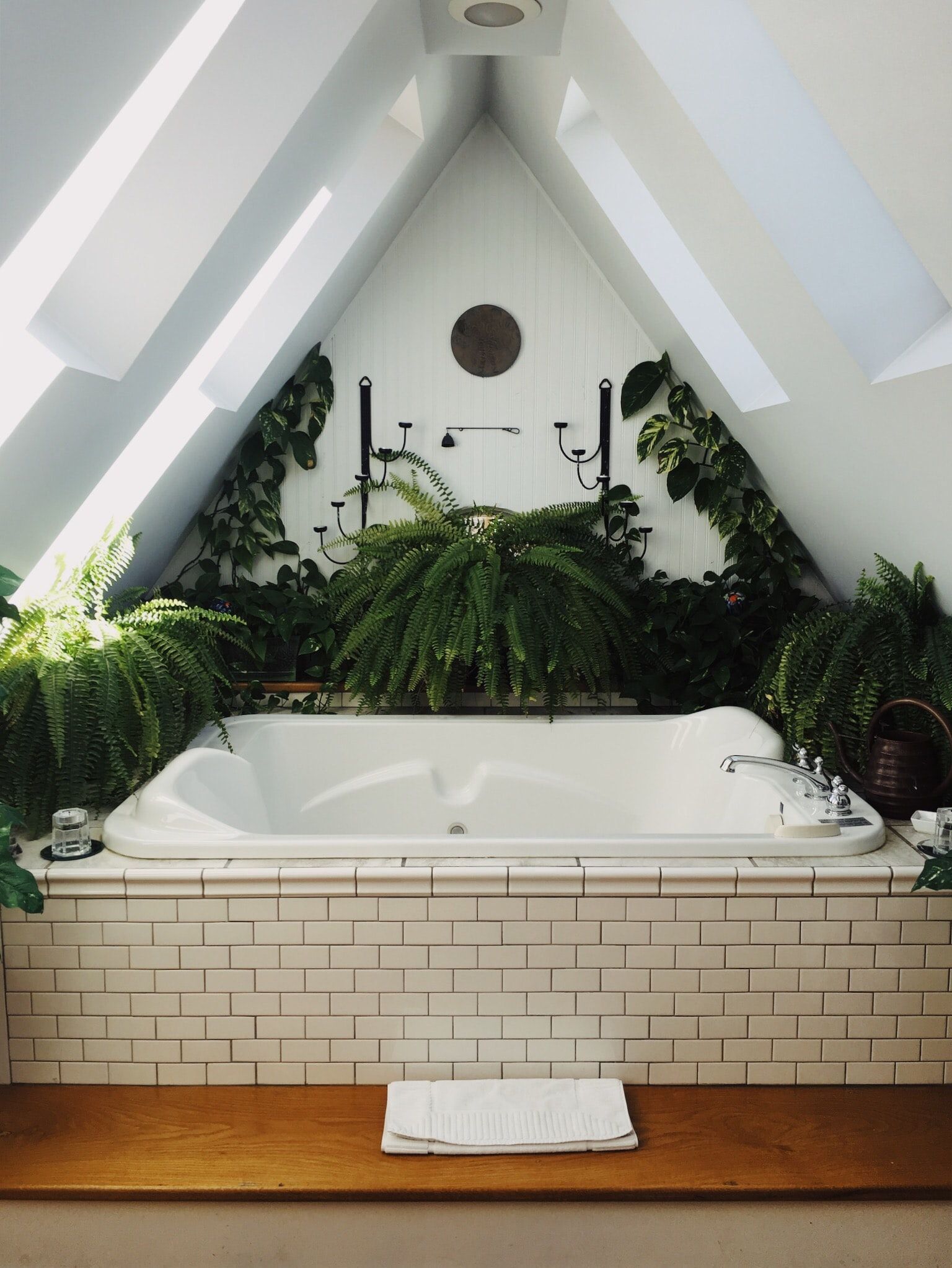 plantas interiores en un baño de decoración sostenible con azulejos tipo metro