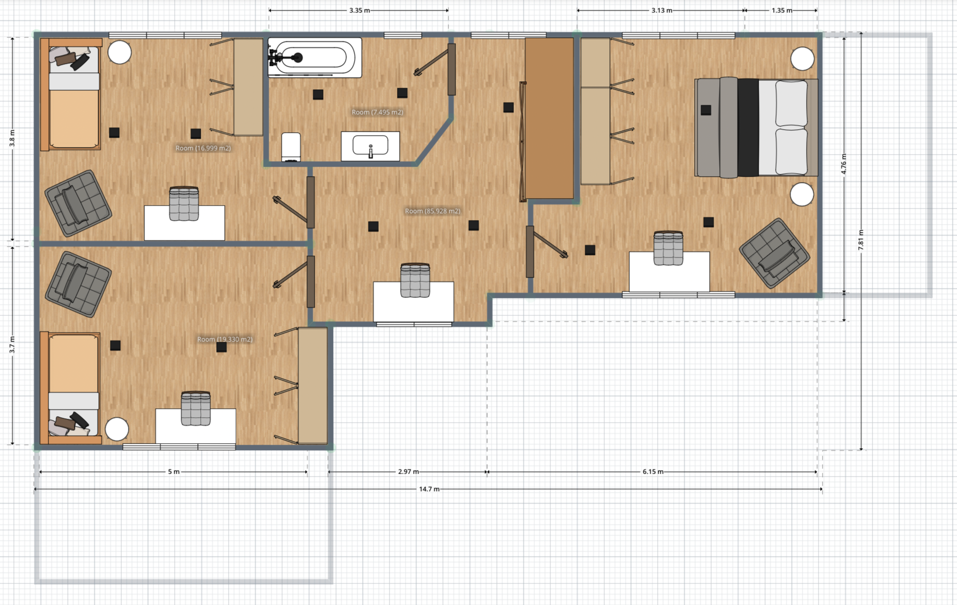 planos de casa de dos pisos en L con cinco dormitorios grandes modernos
