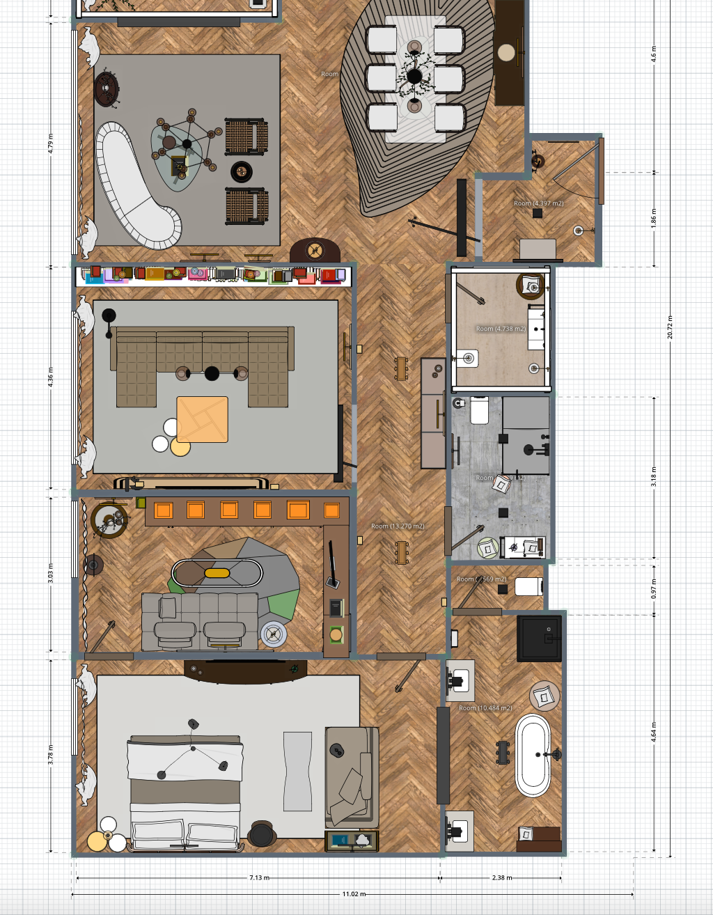 plano de casa de tres dormitorios en 2D, con dormitorio, vestidor y media room