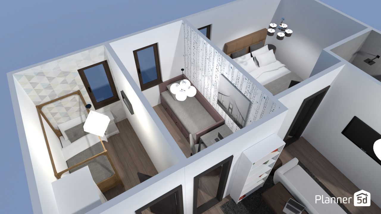 plano de casa de tres dormitorios, con dormitorio, sala de estar, cocina y baño