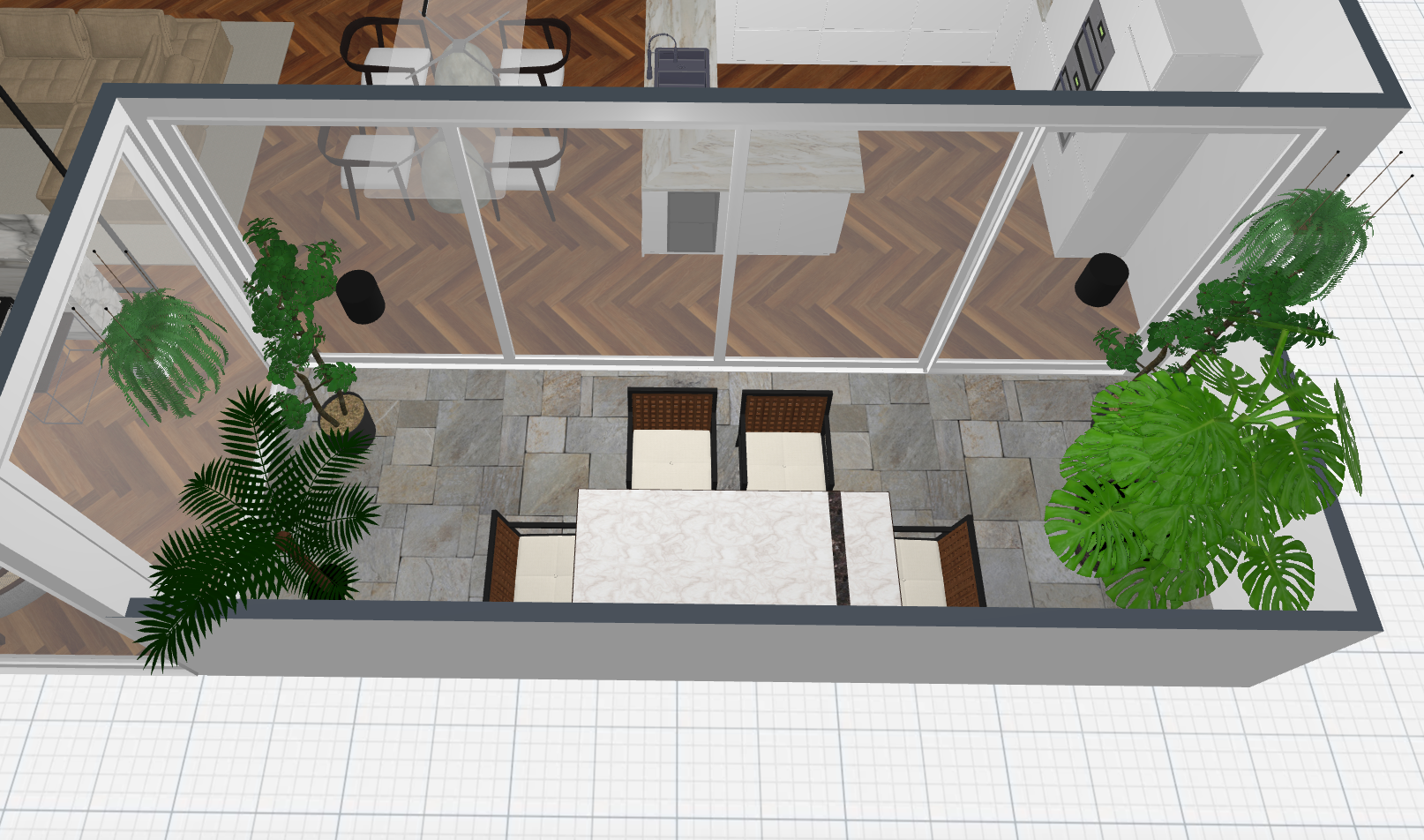 diseño de casa con balcón con plantas y mesa de comedor exterior