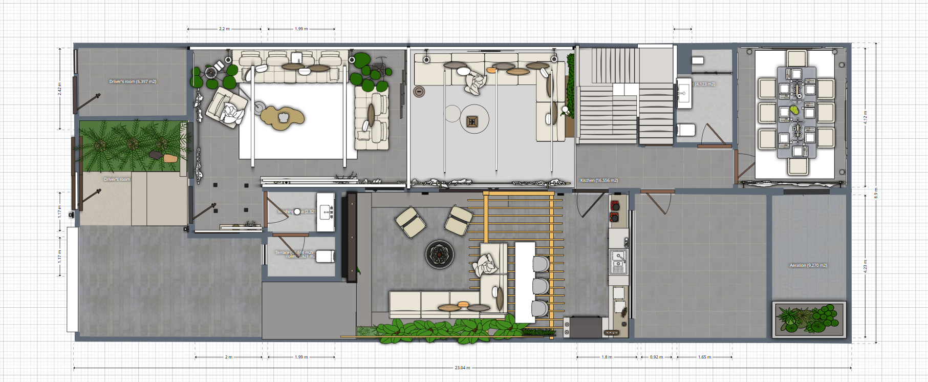 plano de casa de dos pisos moderna con jardín creada con Planner 5D