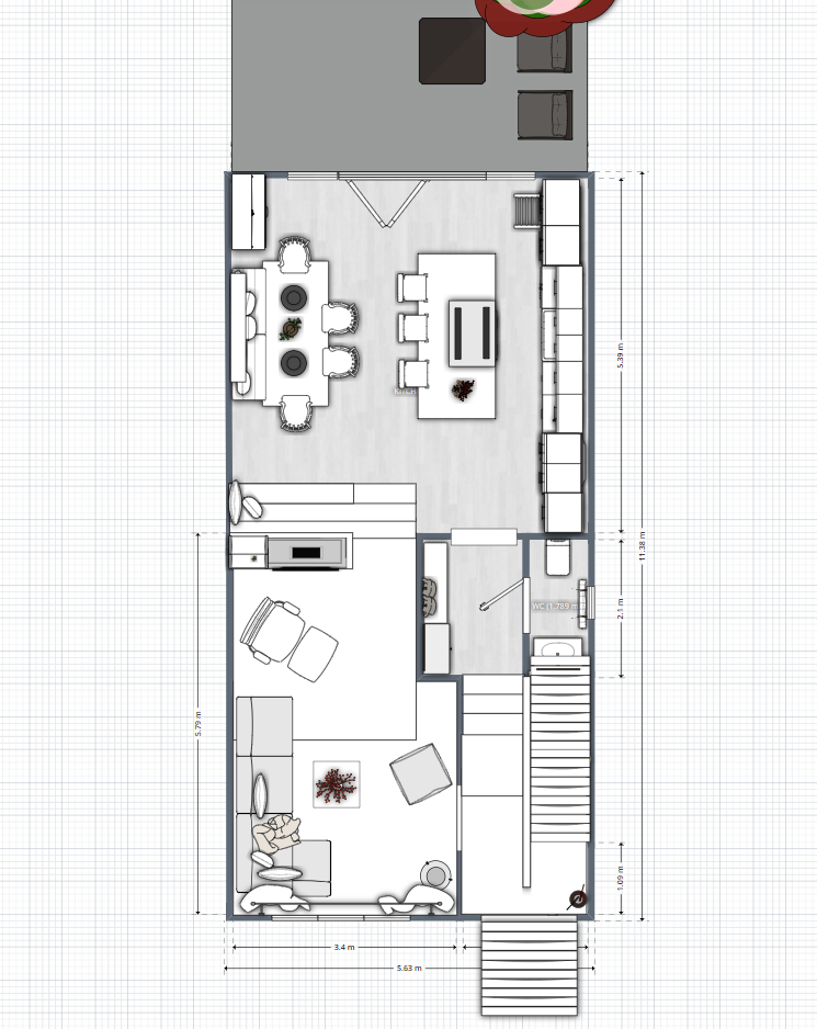 plano de casa de tres dormitorios, con dormitorio, sala de estar, cocina y baño