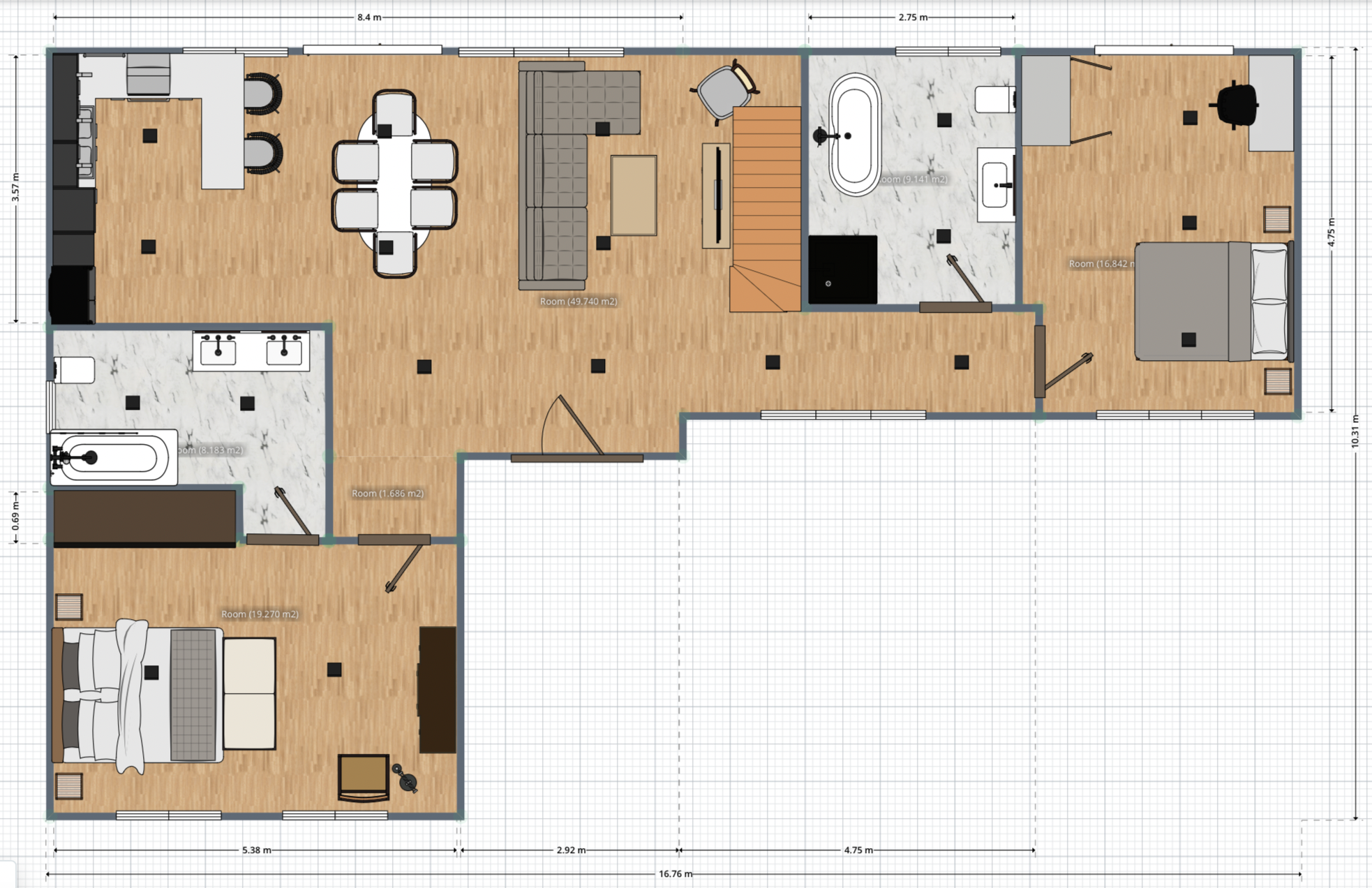 Plano de casa de dos pisos en L con cinco dormitorios 