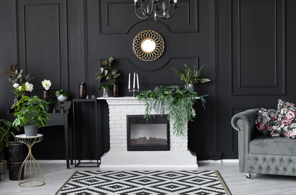 luxury interior decor black wall with white brick fireplace