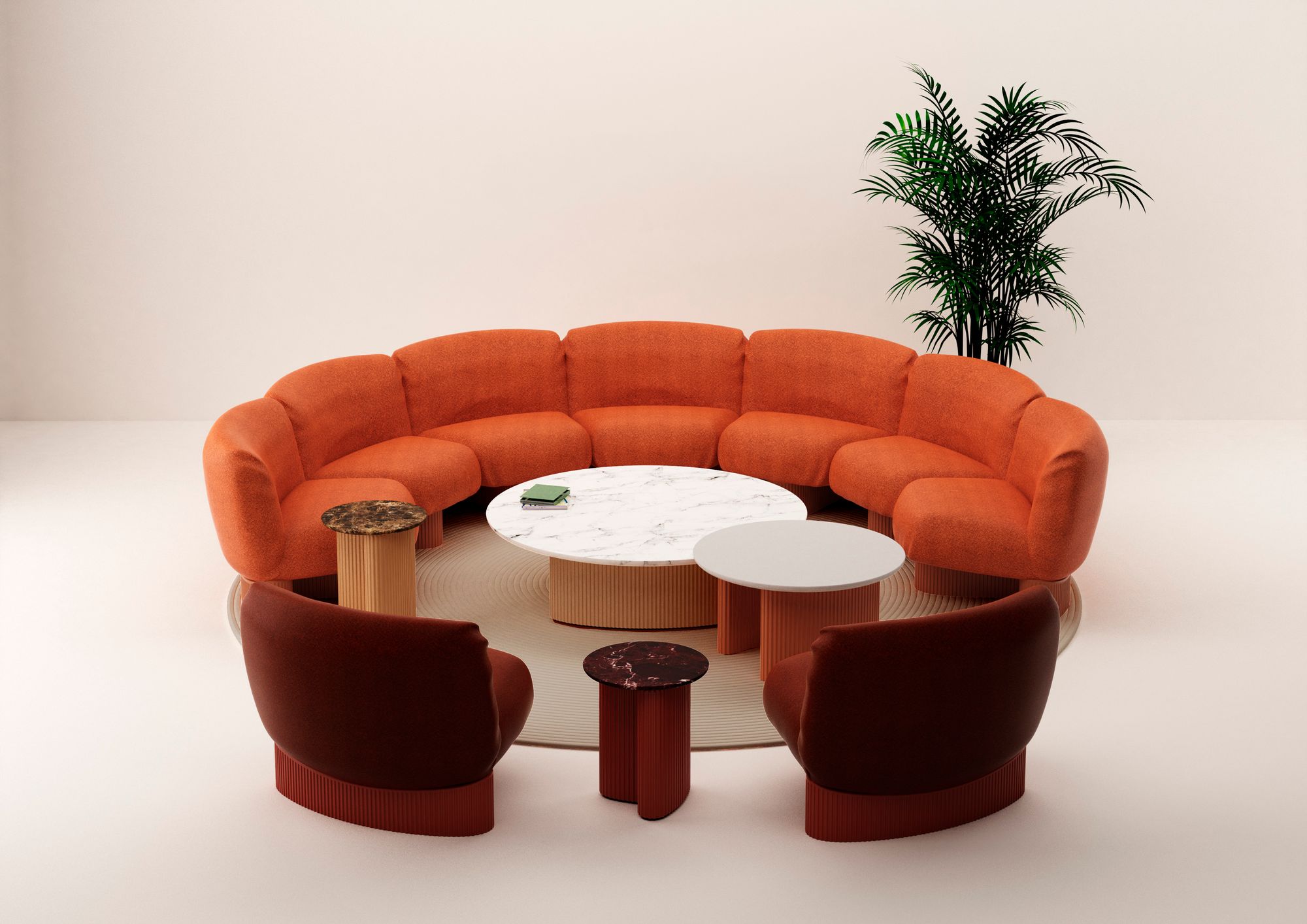 semi-circular orange sofa and brown chairs