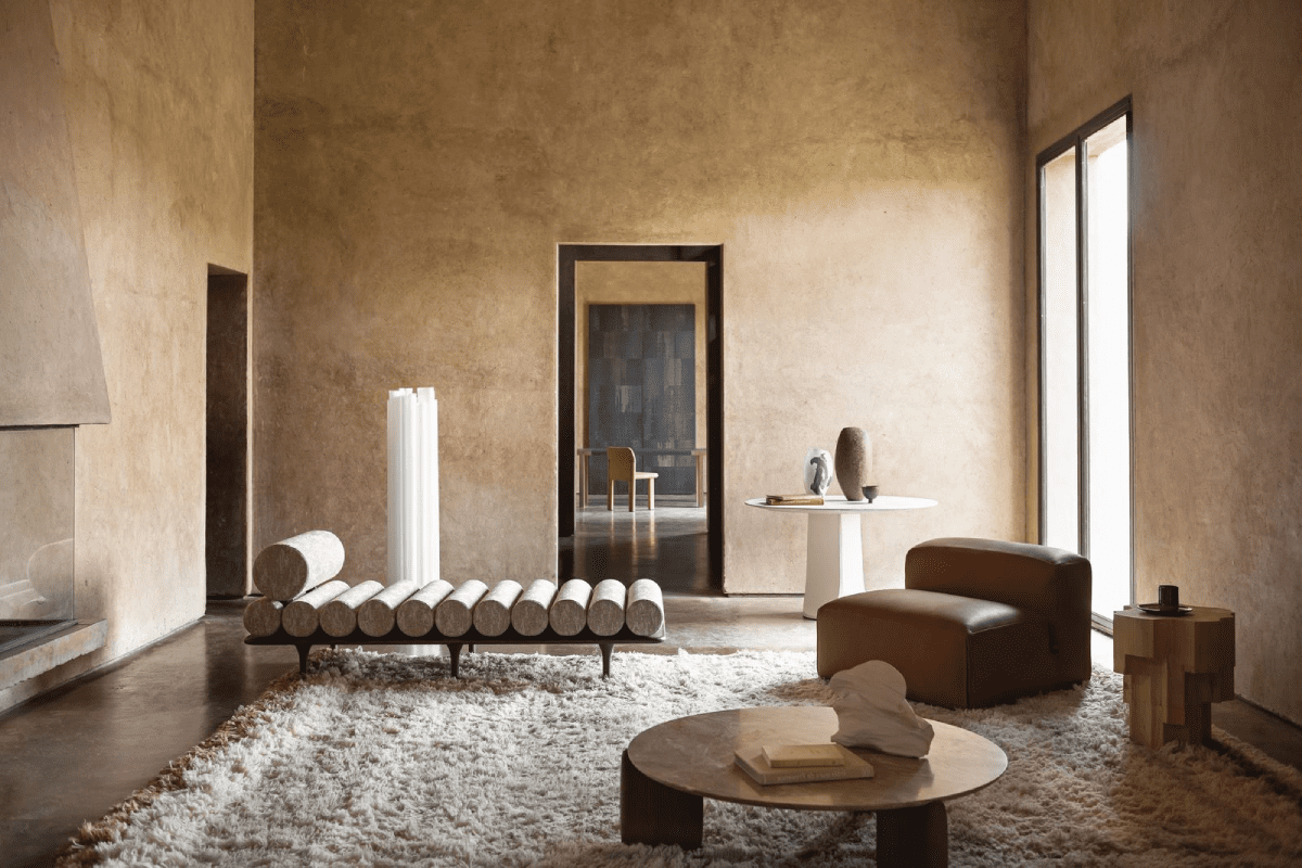 э+легантная гостиная в коричневых тонах с дизайнерской мебелью от Tacchini